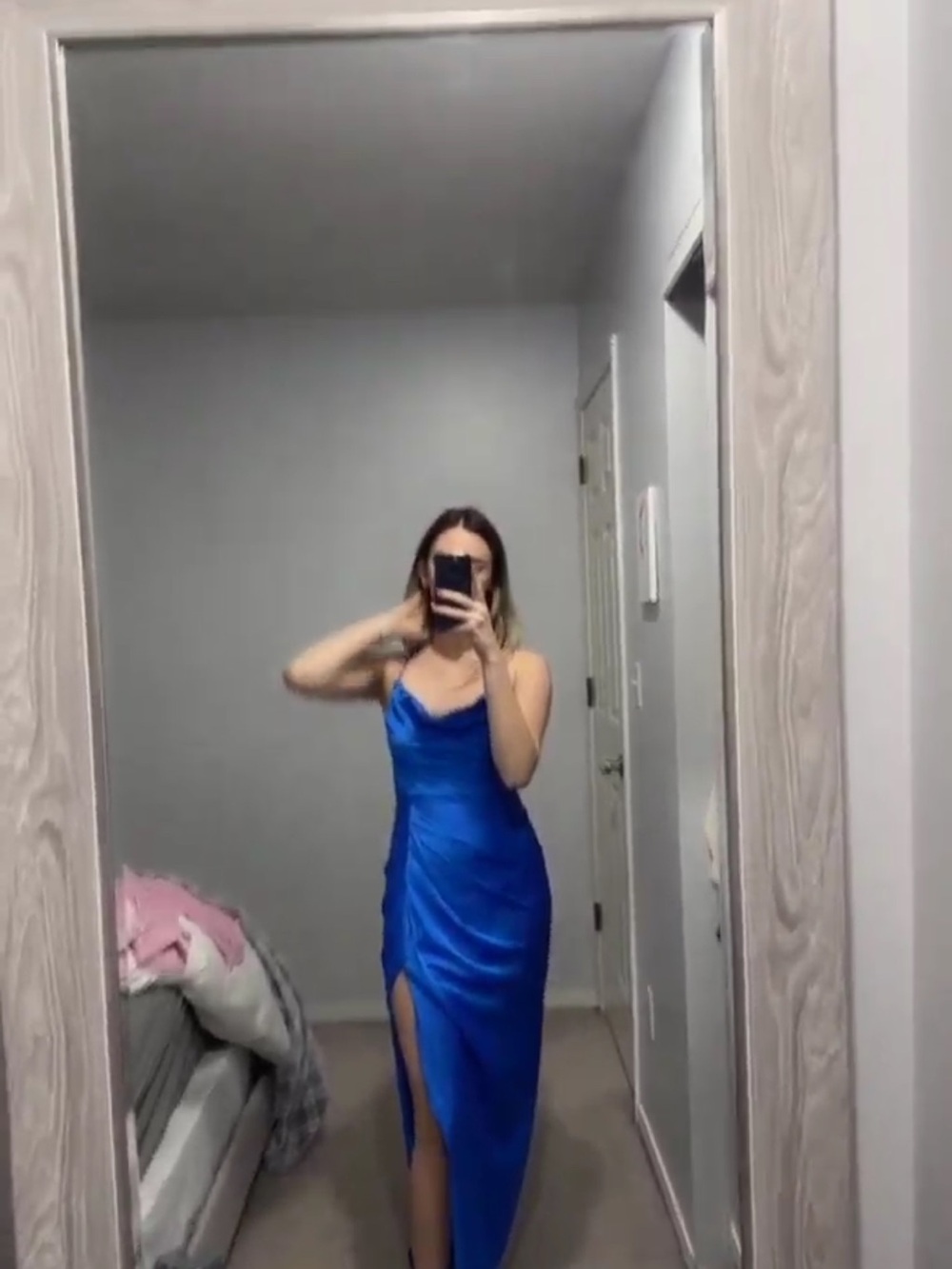 Blue Satin Slip Dress with Side Slit
